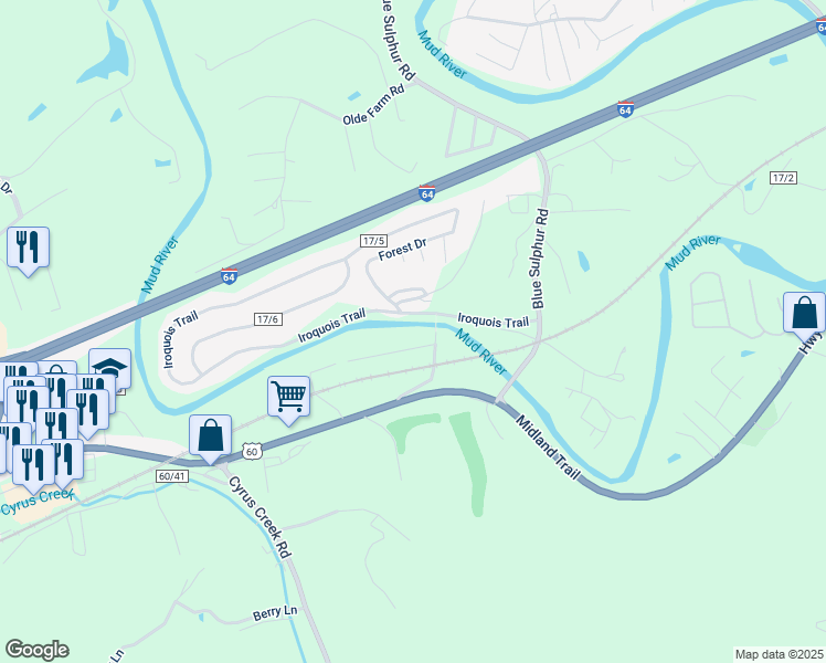 map of restaurants, bars, coffee shops, grocery stores, and more near 3691 Martin Drive in Ona