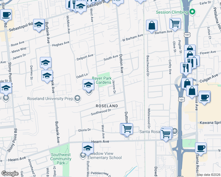 map of restaurants, bars, coffee shops, grocery stores, and more near 1588 Javore Drive in Santa Rosa