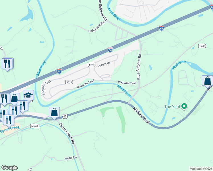 map of restaurants, bars, coffee shops, grocery stores, and more near 3691 Martin Drive in Ona