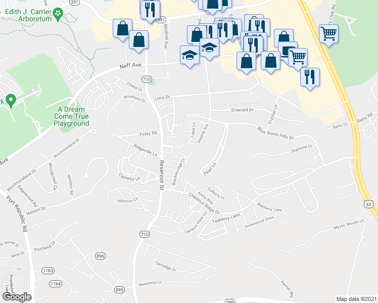 map of restaurants, bars, coffee shops, grocery stores, and more near 2305 Breckenridge Court in Harrisonburg