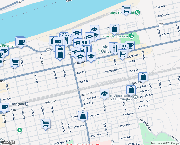 map of restaurants, bars, coffee shops, grocery stores, and more near 1682 6th Avenue in Huntington