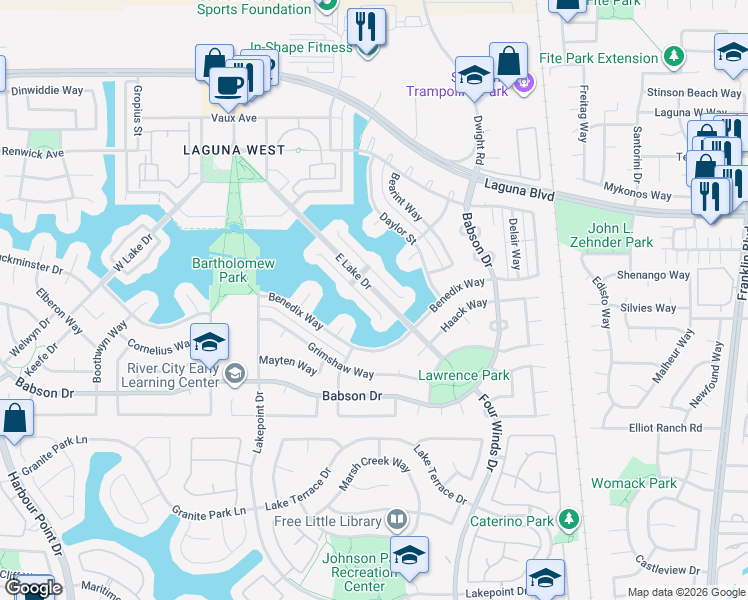 map of restaurants, bars, coffee shops, grocery stores, and more near 3516 East Island Court in Elk Grove
