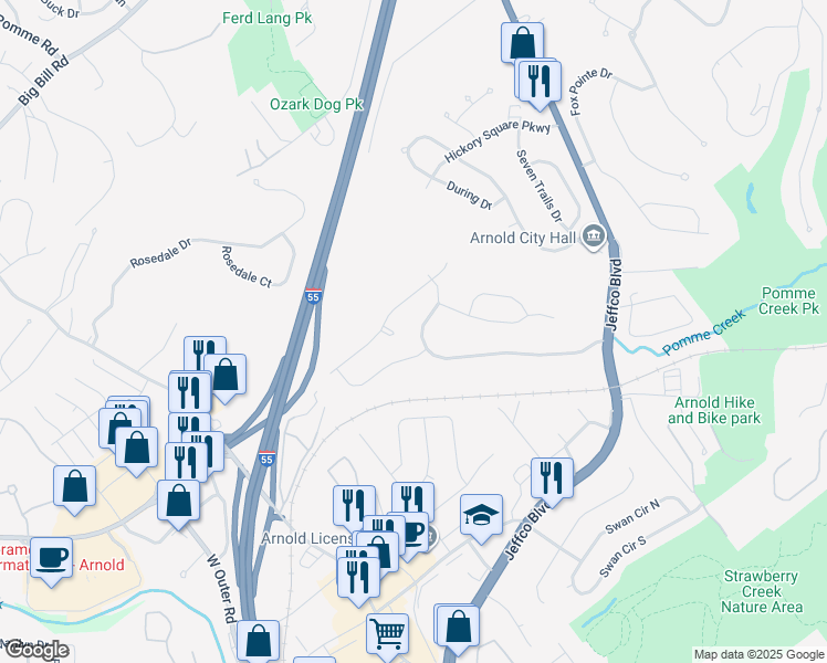 map of restaurants, bars, coffee shops, grocery stores, and more near 596 Hickory Manor in Arnold