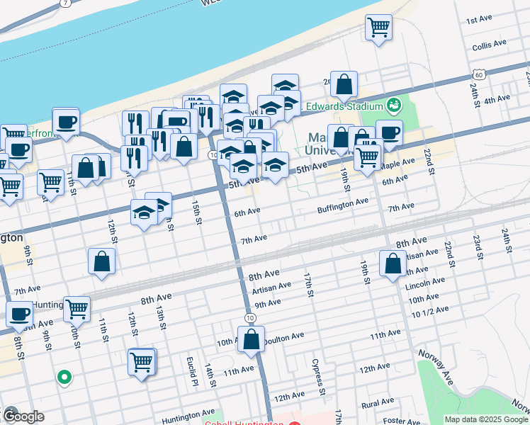 map of restaurants, bars, coffee shops, grocery stores, and more near 1644 6th Avenue in Huntington