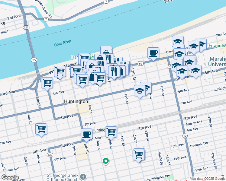 map of restaurants, bars, coffee shops, grocery stores, and more near 1102 5th Avenue in Huntington