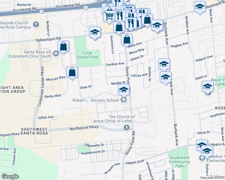 map of restaurants, bars, coffee shops, grocery stores, and more near 2227 Malin Place in Santa Rosa