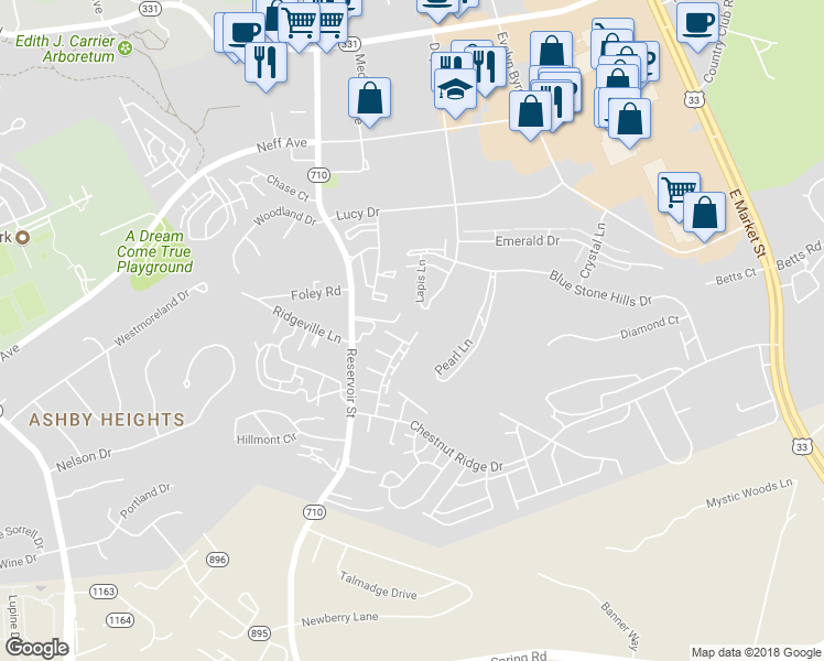 map of restaurants, bars, coffee shops, grocery stores, and more near 2303 Breckenridge Court in Harrisonburg