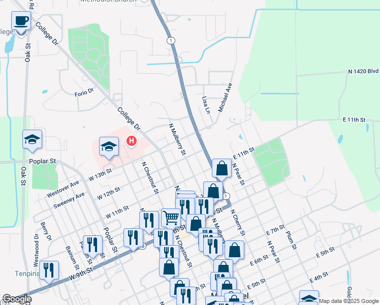 map of restaurants, bars, coffee shops, grocery stores, and more near 201-247 East 13th Street in Mount Carmel