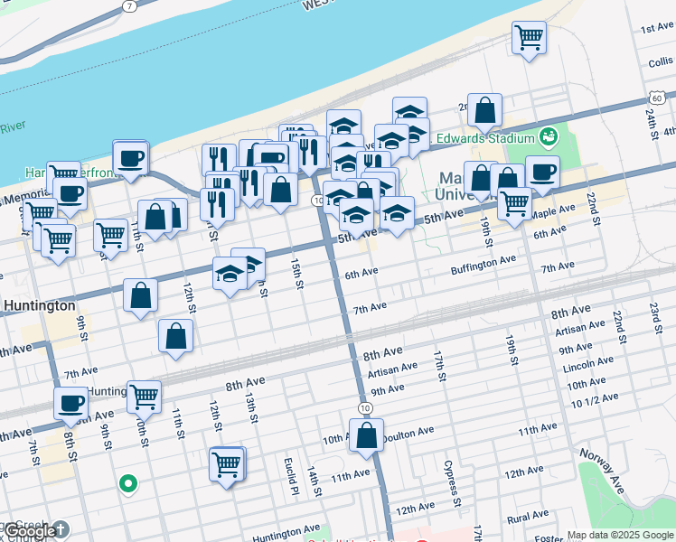 map of restaurants, bars, coffee shops, grocery stores, and more near 1601 5th Avenue in Huntington