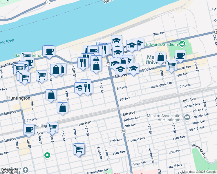 map of restaurants, bars, coffee shops, grocery stores, and more near 1515 5th Avenue in Huntington