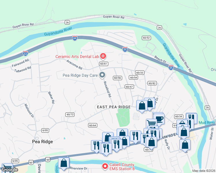 map of restaurants, bars, coffee shops, grocery stores, and more near 6205 Rosalind Road in Huntington