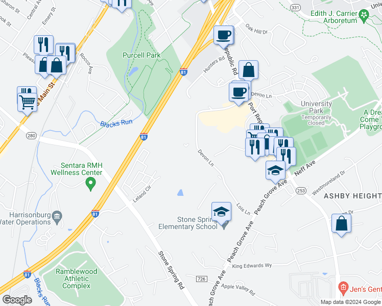 map of restaurants, bars, coffee shops, grocery stores, and more near 1627 Devon Lane in Harrisonburg