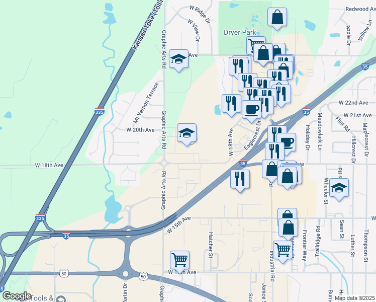 map of restaurants, bars, coffee shops, grocery stores, and more near 3302 West 18th Avenue in Emporia