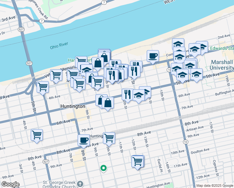 map of restaurants, bars, coffee shops, grocery stores, and more near 1150 5th Avenue in Huntington