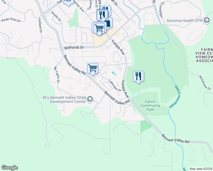 map of restaurants, bars, coffee shops, grocery stores, and more near 2639 Lago Oaks Drive in Santa Rosa
