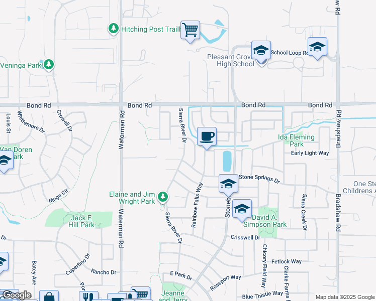 map of restaurants, bars, coffee shops, grocery stores, and more near 9254 Rising Creek Way in Elk Grove