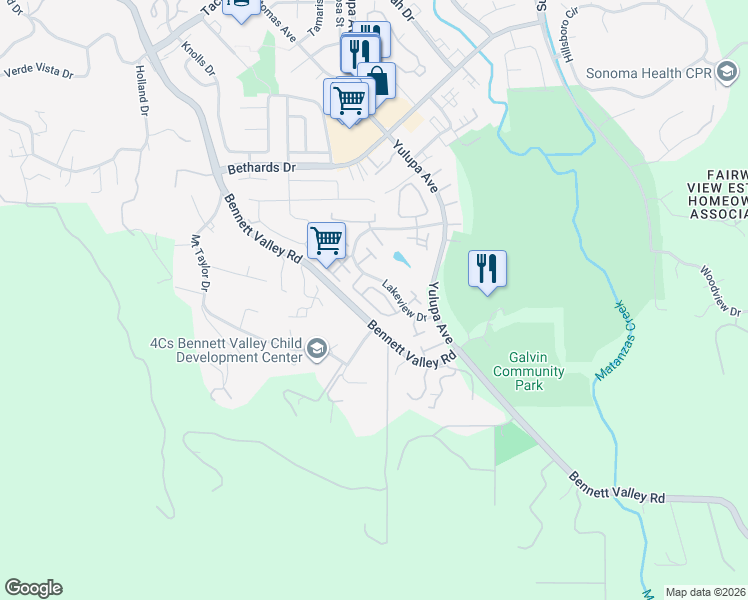 map of restaurants, bars, coffee shops, grocery stores, and more near 2639 Lago Oaks Drive in Santa Rosa
