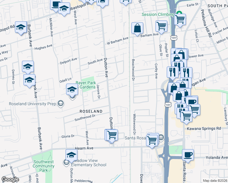 map of restaurants, bars, coffee shops, grocery stores, and more near 1630 Dutton Avenue in Santa Rosa