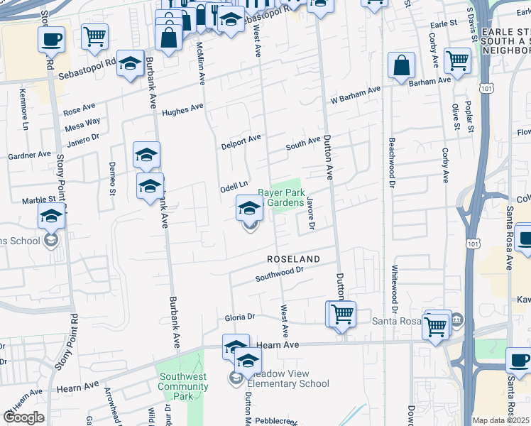 map of restaurants, bars, coffee shops, grocery stores, and more near 872 Rose Meadow Court in Santa Rosa