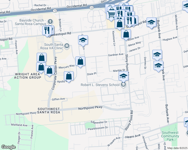 map of restaurants, bars, coffee shops, grocery stores, and more near 2509 Dixie Place in Santa Rosa