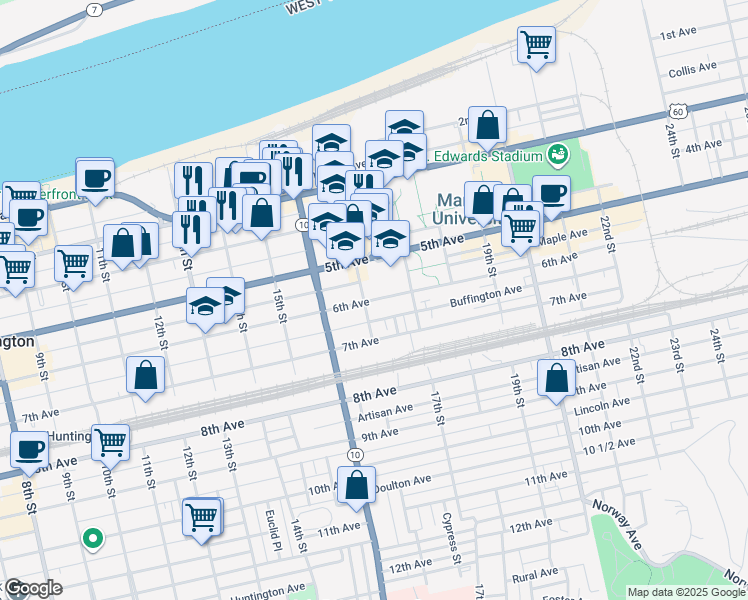 map of restaurants, bars, coffee shops, grocery stores, and more near 1644 6th Avenue in Huntington