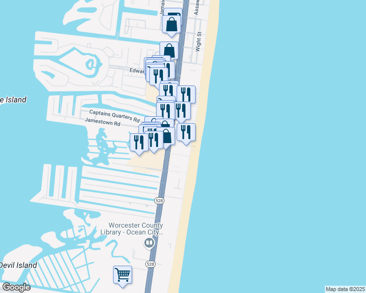 map of restaurants, bars, coffee shops, grocery stores, and more near 11500 Coastal Highway in Ocean City