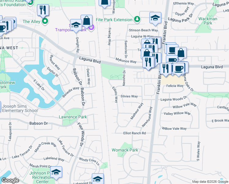 map of restaurants, bars, coffee shops, grocery stores, and more near 9276 Edisto Way in Elk Grove