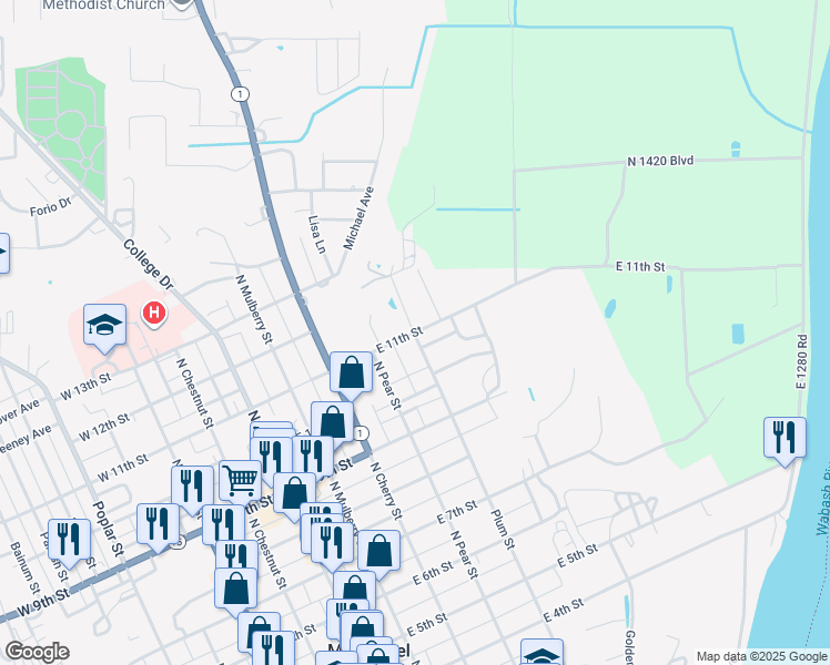 map of restaurants, bars, coffee shops, grocery stores, and more near 500 East 11th Street in Mount Carmel