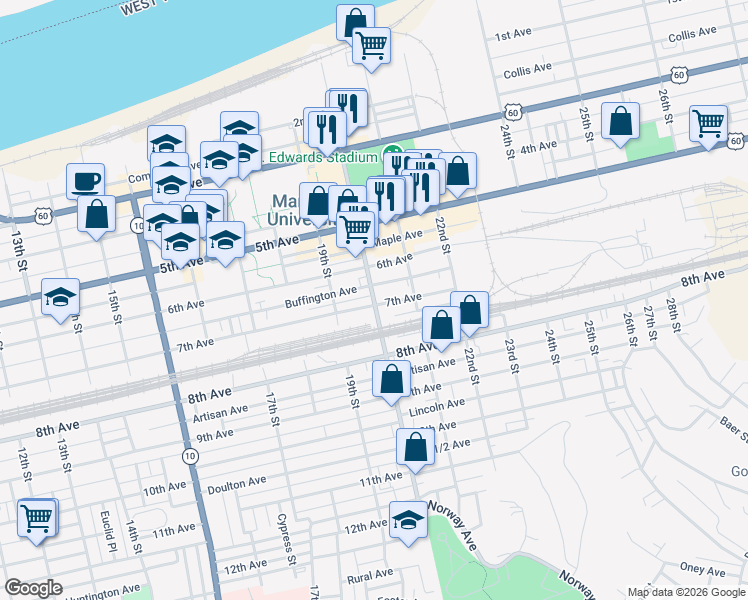 map of restaurants, bars, coffee shops, grocery stores, and more near 660 20th Street in Huntington