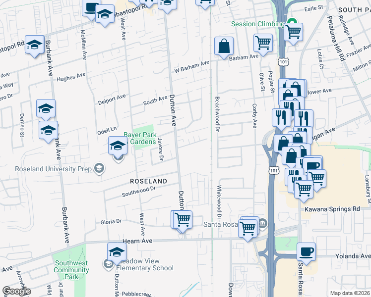 map of restaurants, bars, coffee shops, grocery stores, and more near 1630 Dutton Avenue in Santa Rosa