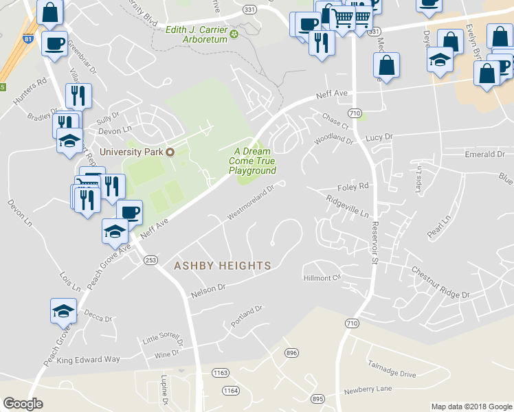 map of restaurants, bars, coffee shops, grocery stores, and more near 1178 Westmoreland Drive in Harrisonburg