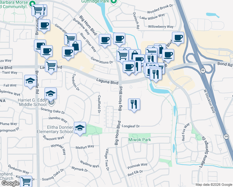 map of restaurants, bars, coffee shops, grocery stores, and more near 8150 Laguna Boulevard in Elk Grove
