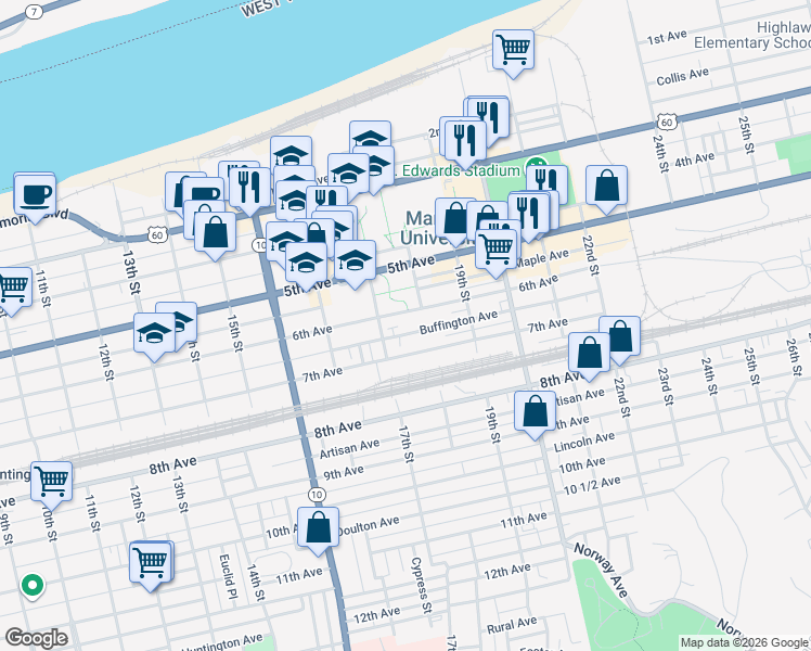map of restaurants, bars, coffee shops, grocery stores, and more near 1722 6th Avenue in Huntington
