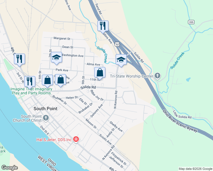 map of restaurants, bars, coffee shops, grocery stores, and more near 123 11th Street in South Point