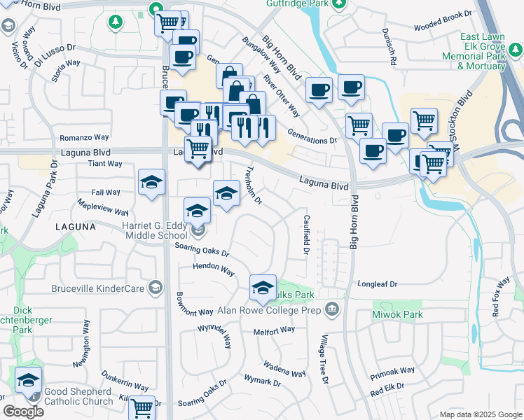 map of restaurants, bars, coffee shops, grocery stores, and more near 9264 Trenholm Drive in Elk Grove