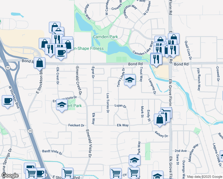 map of restaurants, bars, coffee shops, grocery stores, and more near 8705 Tulare Court in Elk Grove