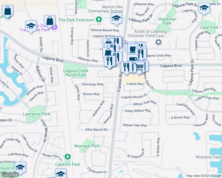 map of restaurants, bars, coffee shops, grocery stores, and more near 9274 Franklin Boulevard in Elk Grove