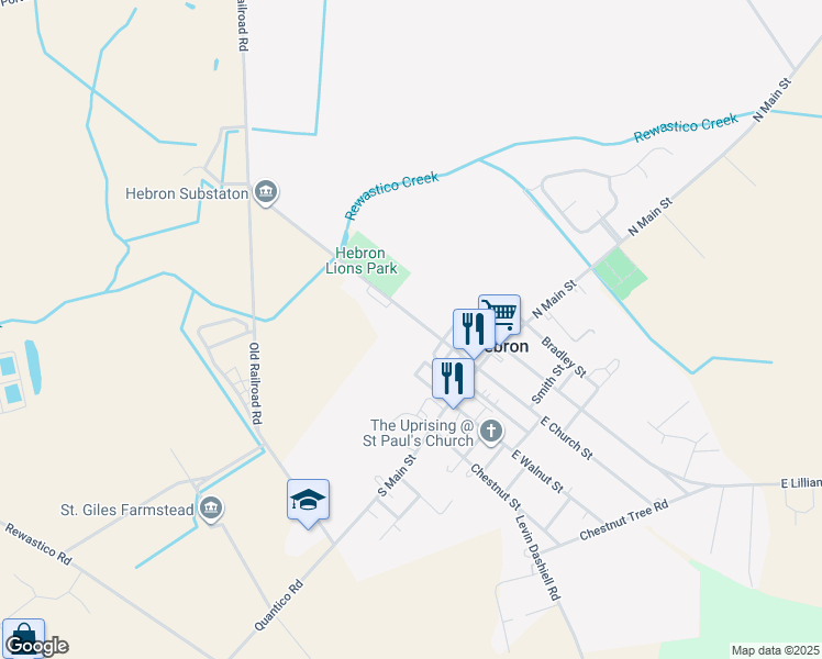 map of restaurants, bars, coffee shops, grocery stores, and more near 209 West Church Street in Hebron