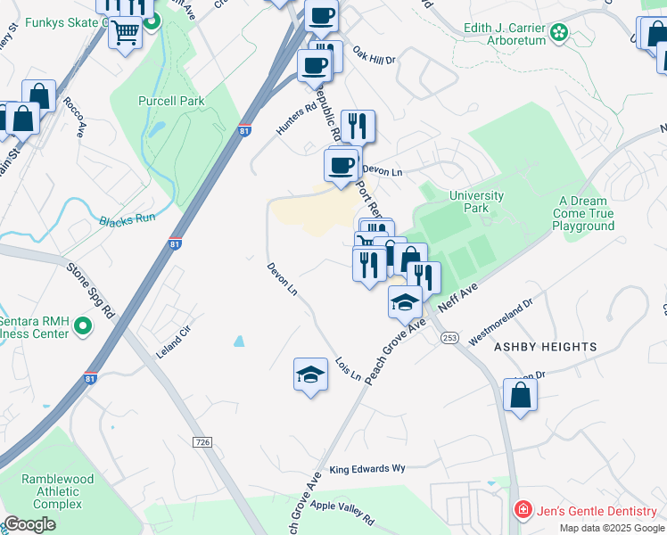 map of restaurants, bars, coffee shops, grocery stores, and more near 899 Port Republic Road in Harrisonburg
