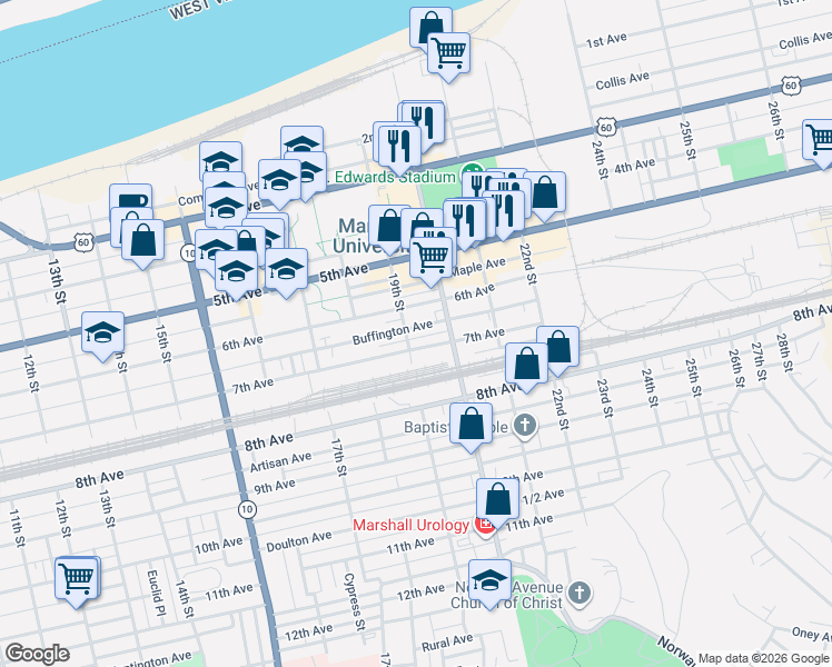 map of restaurants, bars, coffee shops, grocery stores, and more near 1902 Buffington Avenue in Huntington