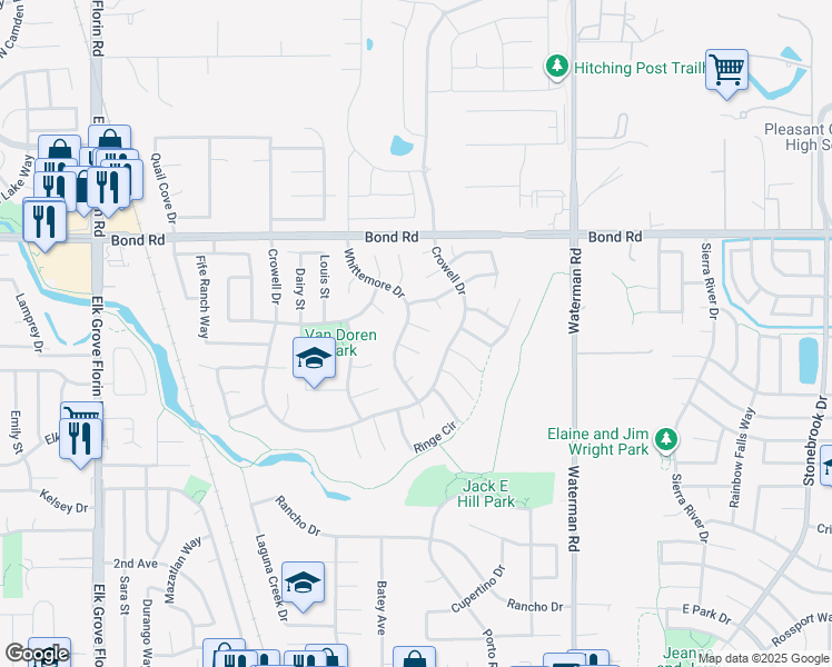map of restaurants, bars, coffee shops, grocery stores, and more near 9169 Kneeland Court in Elk Grove