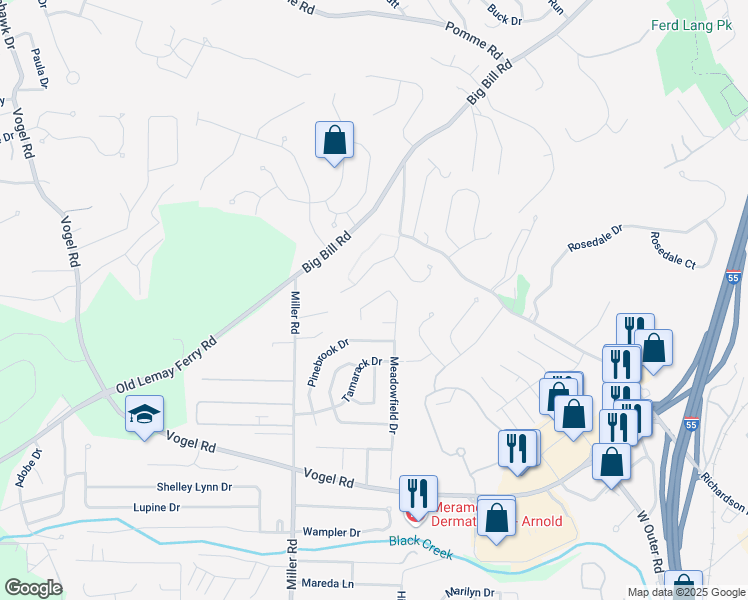 map of restaurants, bars, coffee shops, grocery stores, and more near 3025 Brentmoor Drive in Arnold