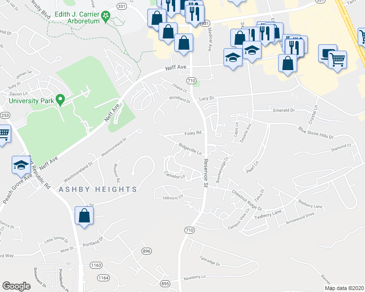 map of restaurants, bars, coffee shops, grocery stores, and more near 735 Ridgeville Lane in Harrisonburg