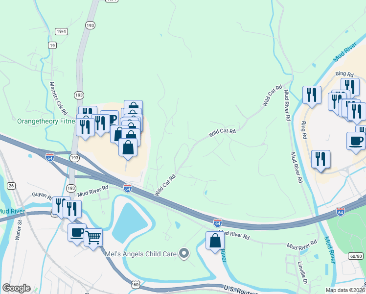 map of restaurants, bars, coffee shops, grocery stores, and more near 6699 Wildcat Rd in Barboursville