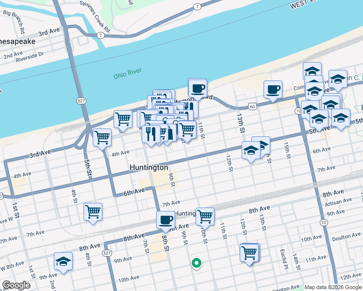 map of restaurants, bars, coffee shops, grocery stores, and more near 930 4th Avenue in Huntington