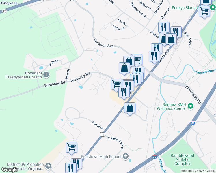 map of restaurants, bars, coffee shops, grocery stores, and more near 121 West Mosby Road in Harrisonburg