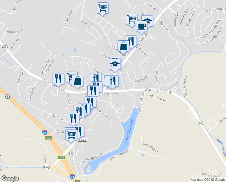 map of restaurants, bars, coffee shops, grocery stores, and more near 5134 Washington Street West in Cross Lanes