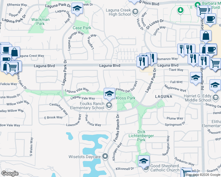 map of restaurants, bars, coffee shops, grocery stores, and more near 6204 Celeste Court in Elk Grove
