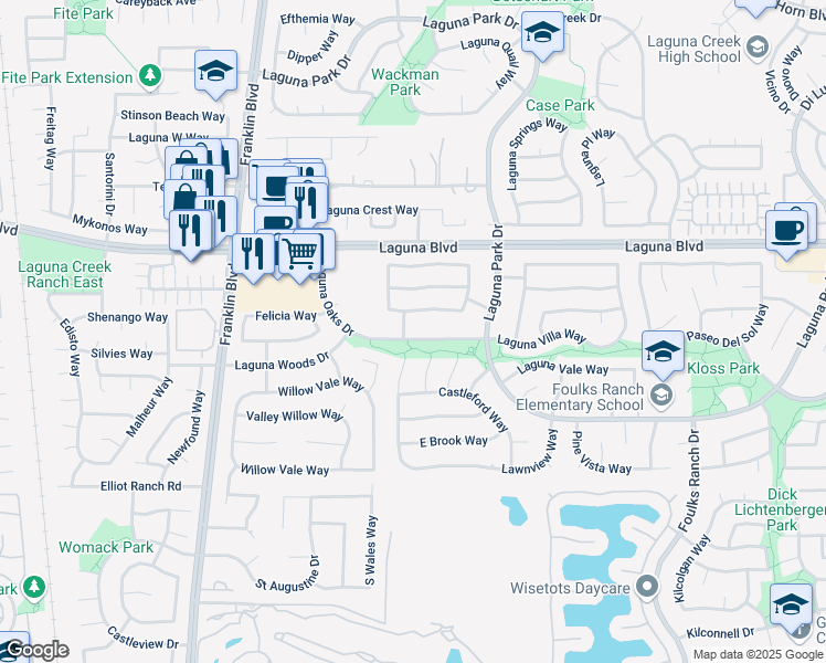 map of restaurants, bars, coffee shops, grocery stores, and more near 5503 Laguna Oaks Drive in Elk Grove