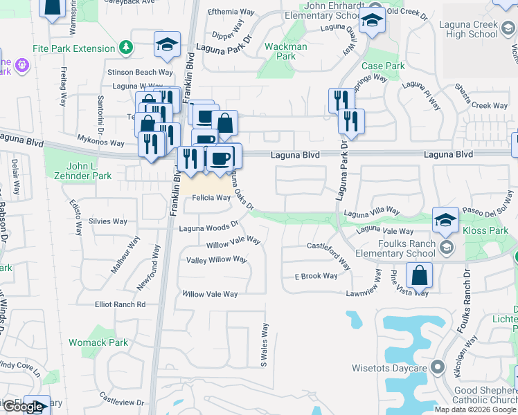 map of restaurants, bars, coffee shops, grocery stores, and more near 5401 Laguna Oaks Drive in Elk Grove